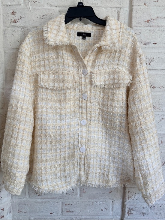 Lulus Tops - Lulus Take Notes Ivory Plaid Tweed Fringe Shacket Jacket L